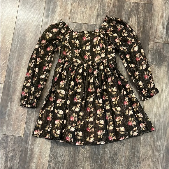 GAP Black and Gold Floral Square Neck Puff Sleeve Knee-Length Dress - Picture 1 of 10